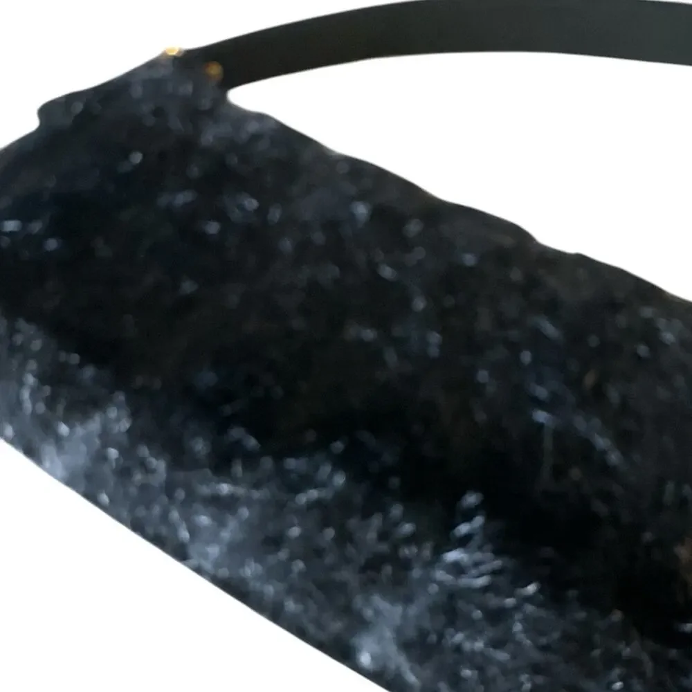 Kate Spade Black Faux Fur Shoulder Bag Embossed Strap Bright Print Lining Chic